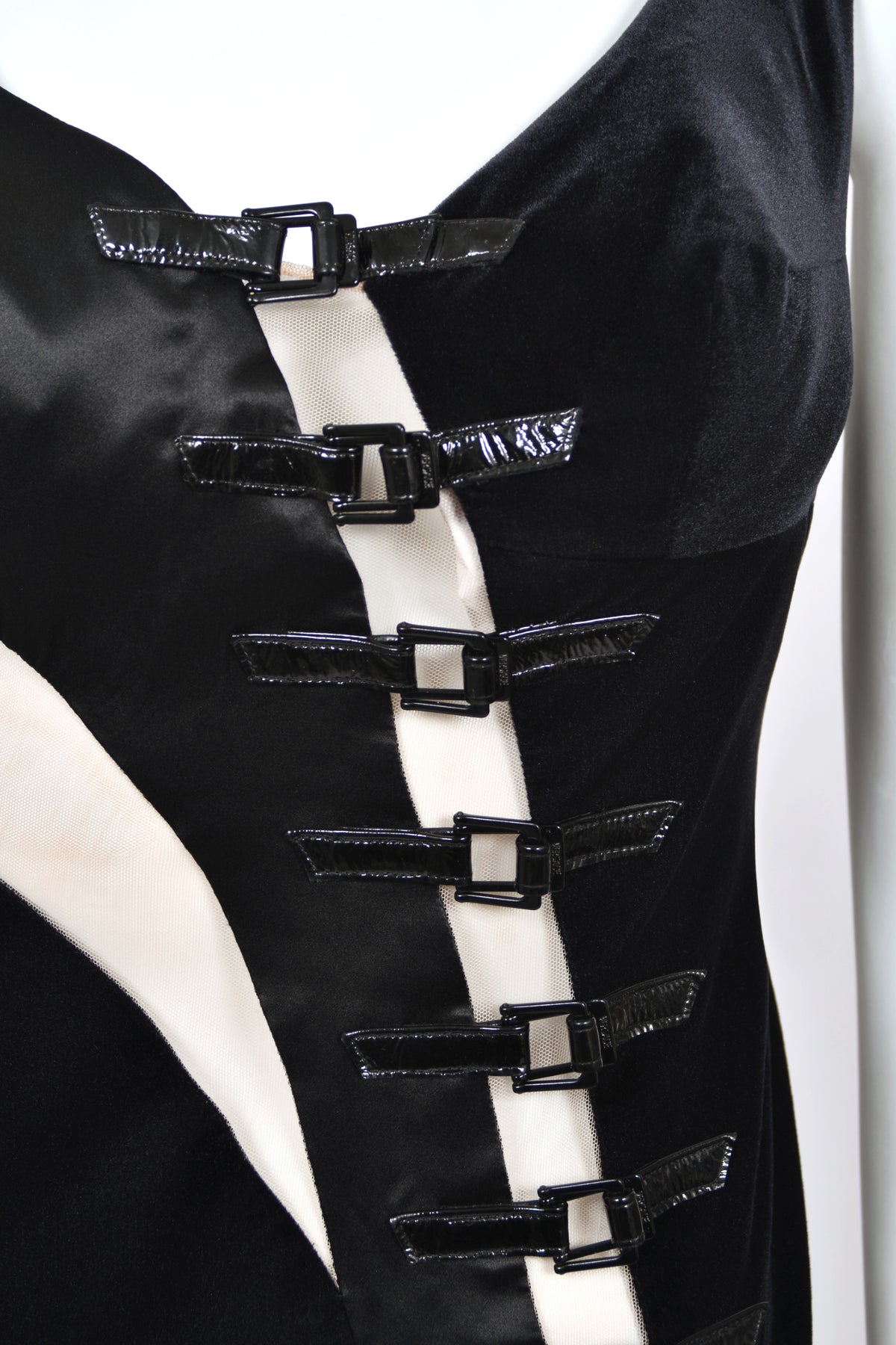 2004 Versace Runway Black Silk & Velvet Sheer-Illusion Buckle Trimmed High Slit Gown