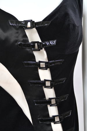 2004 Versace Runway Black Silk & Velvet Sheer-Illusion Buckle Trimmed High Slit Gown