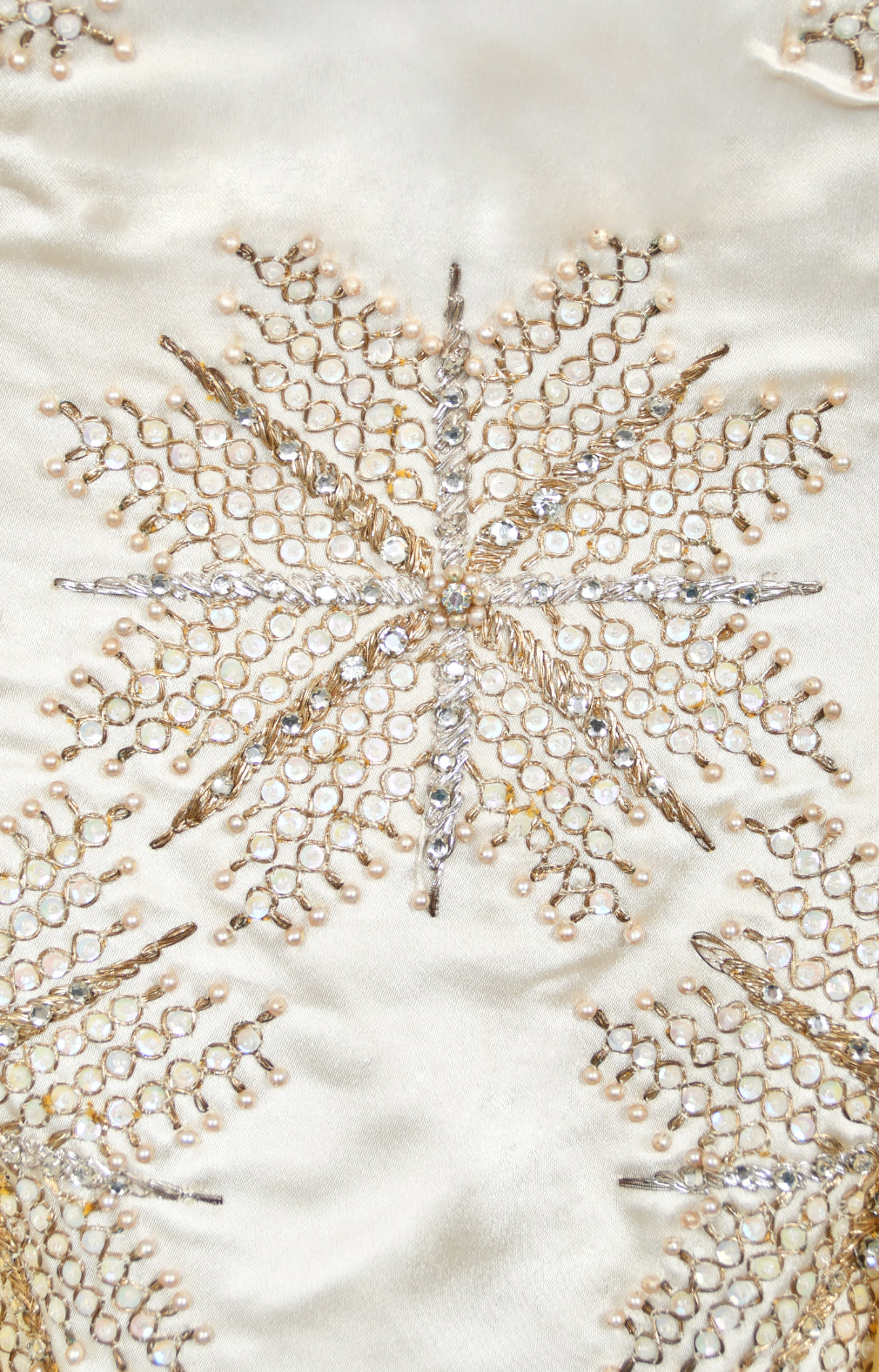 1950&#39;s French Couture Ivory Metallic Embroidered Beaded Silk Skirted Hourglass Gown