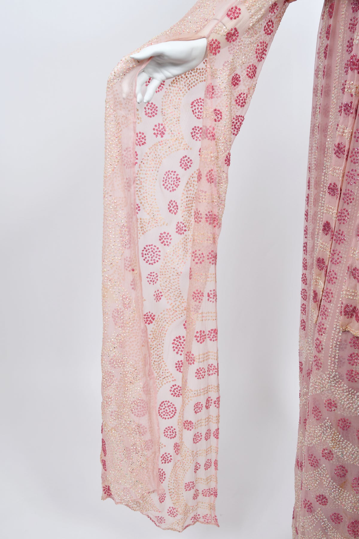 1974 Thea Porter Couture Sparkling Pink Glitter Silk Angel Sleeve Wrap Gown