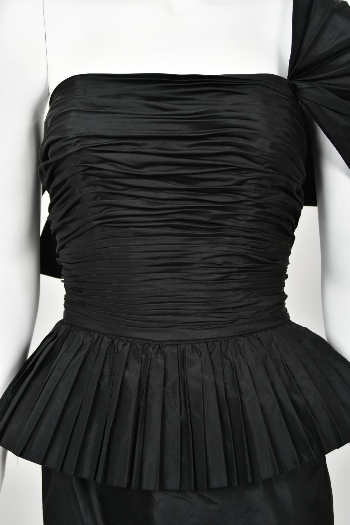 1986 Chanel Documented Runway Black Pleated Silk One-Shoulder Hourglass Gown