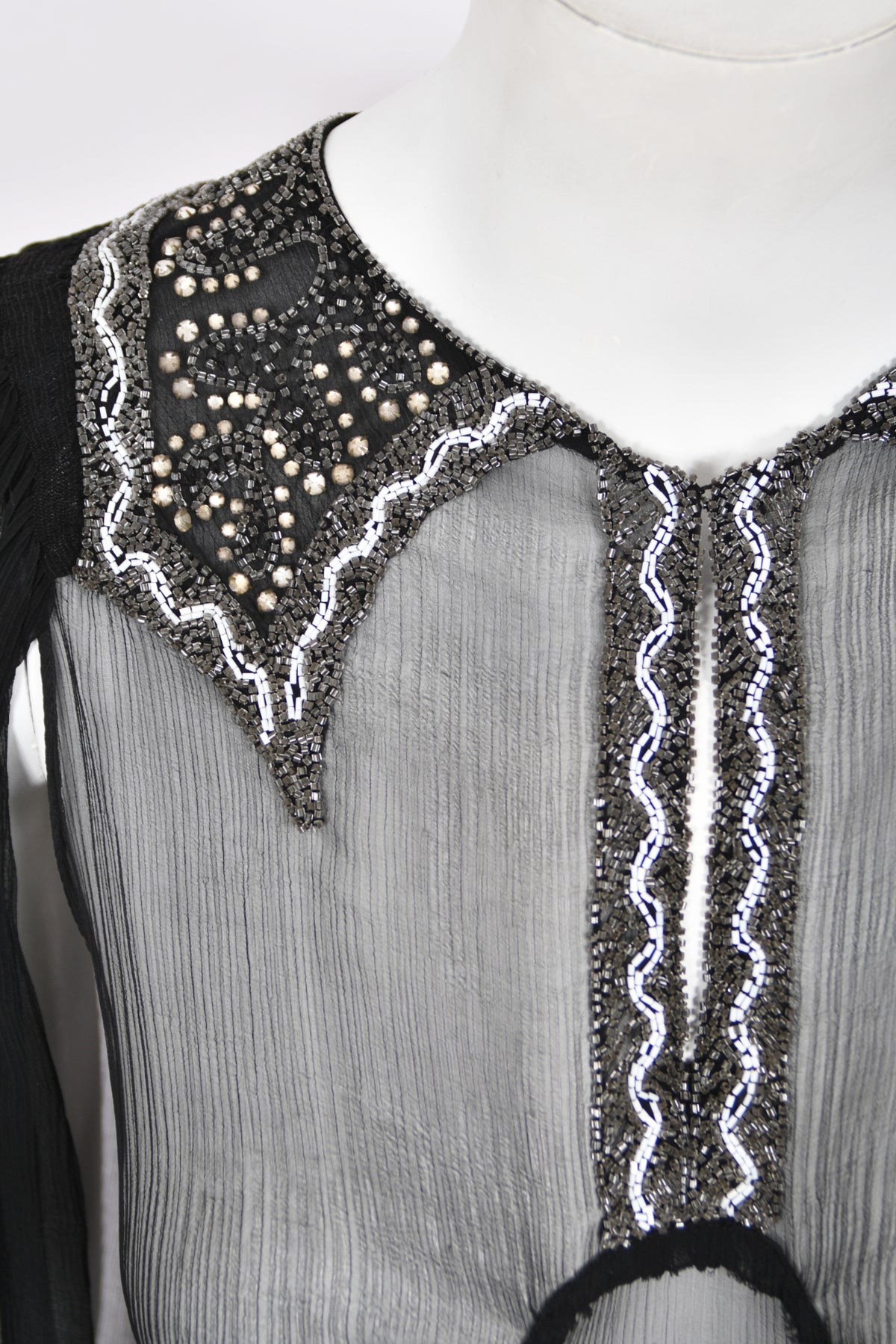 1930&#39;s Beaded Rhinestone Black Sheer Silk Chiffon Billow-Sleeve Deco Dress