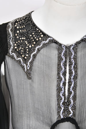 1930's Beaded Rhinestone Black Sheer Silk Chiffon Billow-Sleeve Deco Dress