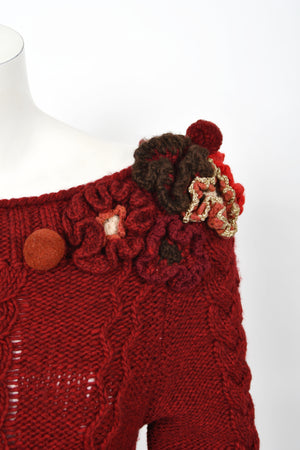 2005 Alexander McQueen Runway Burgundy Wool Knit Hourglass Sweater Dress