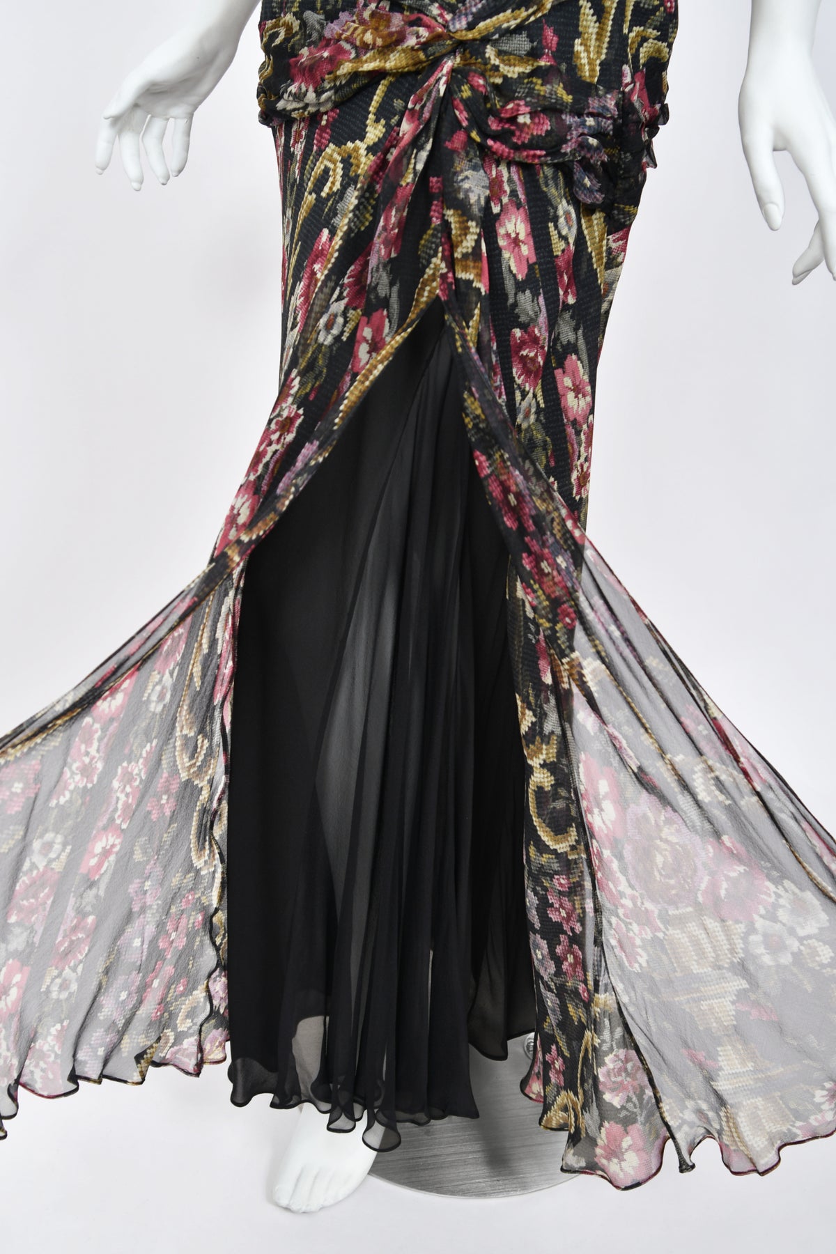 2004 John Galliano Needlepoint Floral Print Silk Bias-Cut Gown w/ Matching Scarf