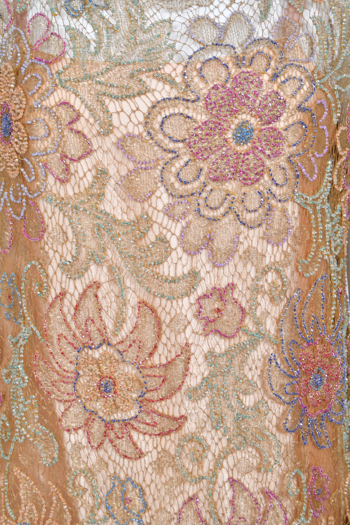 1920&#39;s French Couture Colorful Beaded Metallic Lamè Lace &amp; Pink Silk Dress