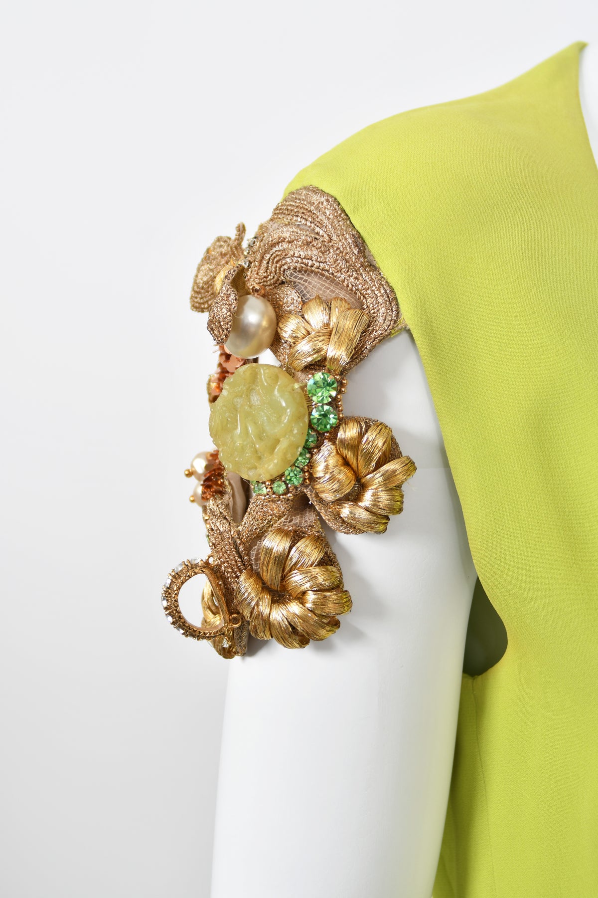 1991 Christian Dior by Gianfranco Ferré Chartreuse Silk Metallic Beaded Draped Dress