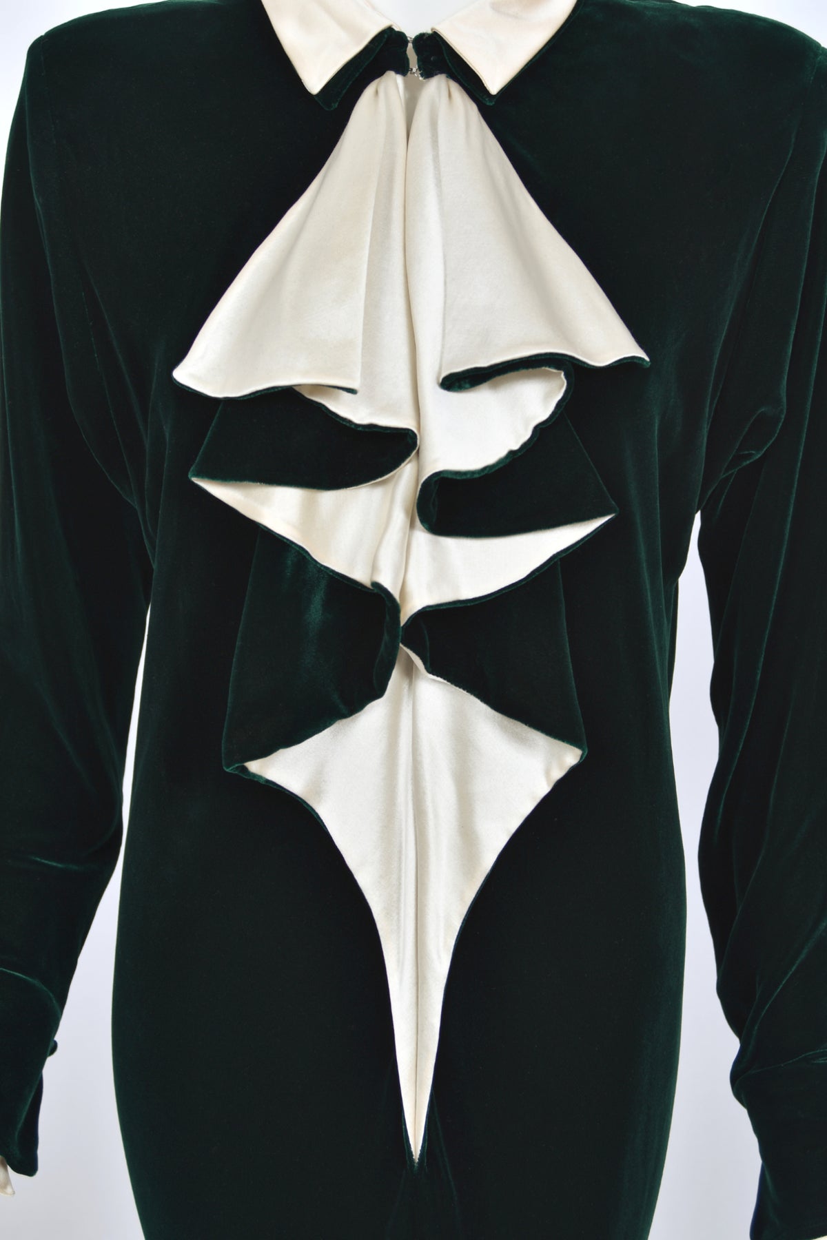 1978 Halston Couture Dark Green Velvet & Ivory Silk Ruffle Bodice Bias-Cut Gown