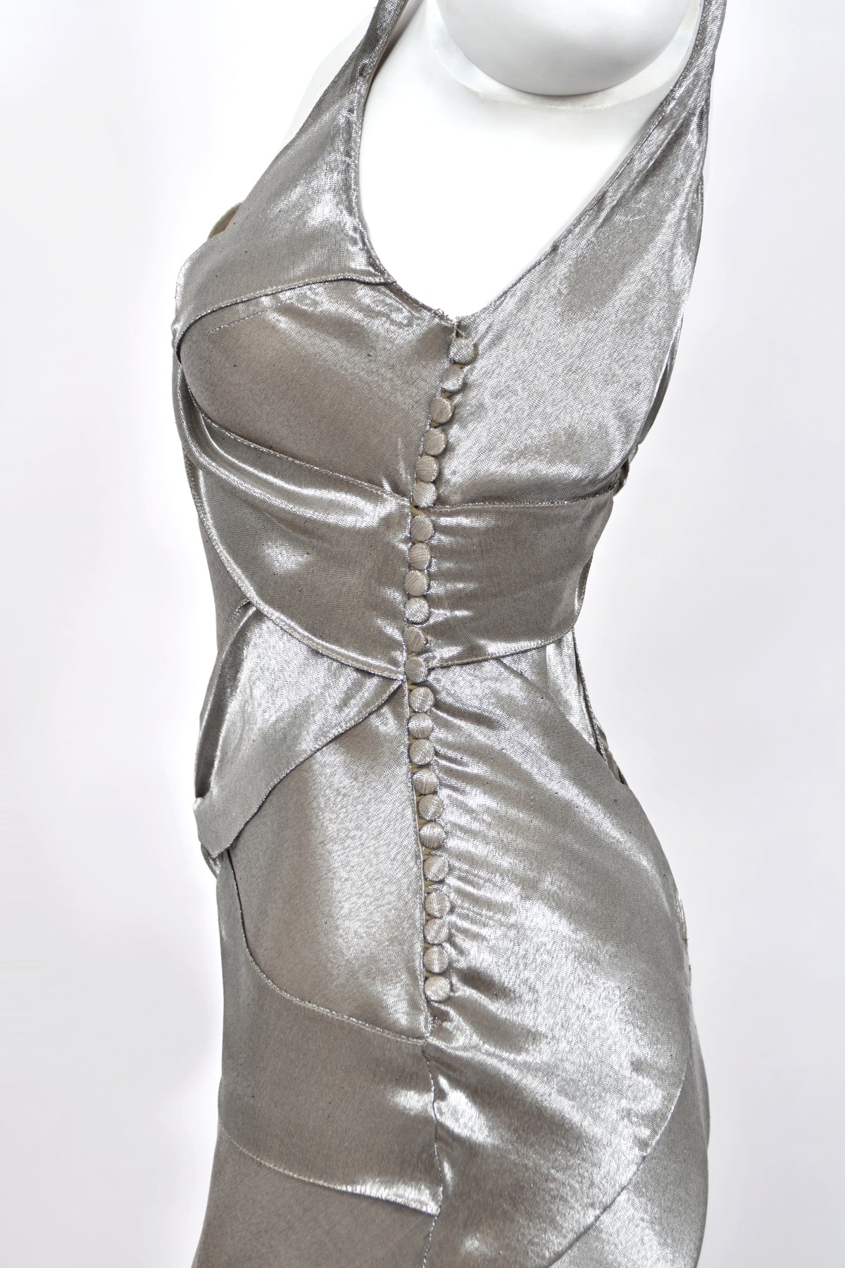 2004 Christian Dior by John Galliano Rare Sample Metallic Silk Lamé Bias-Cut High Slit Gown