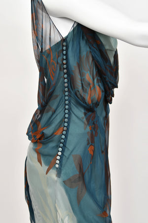 2006 Christian Dior by John Galliano Blue Watercolor Sheer Silk Draped Slip Dress