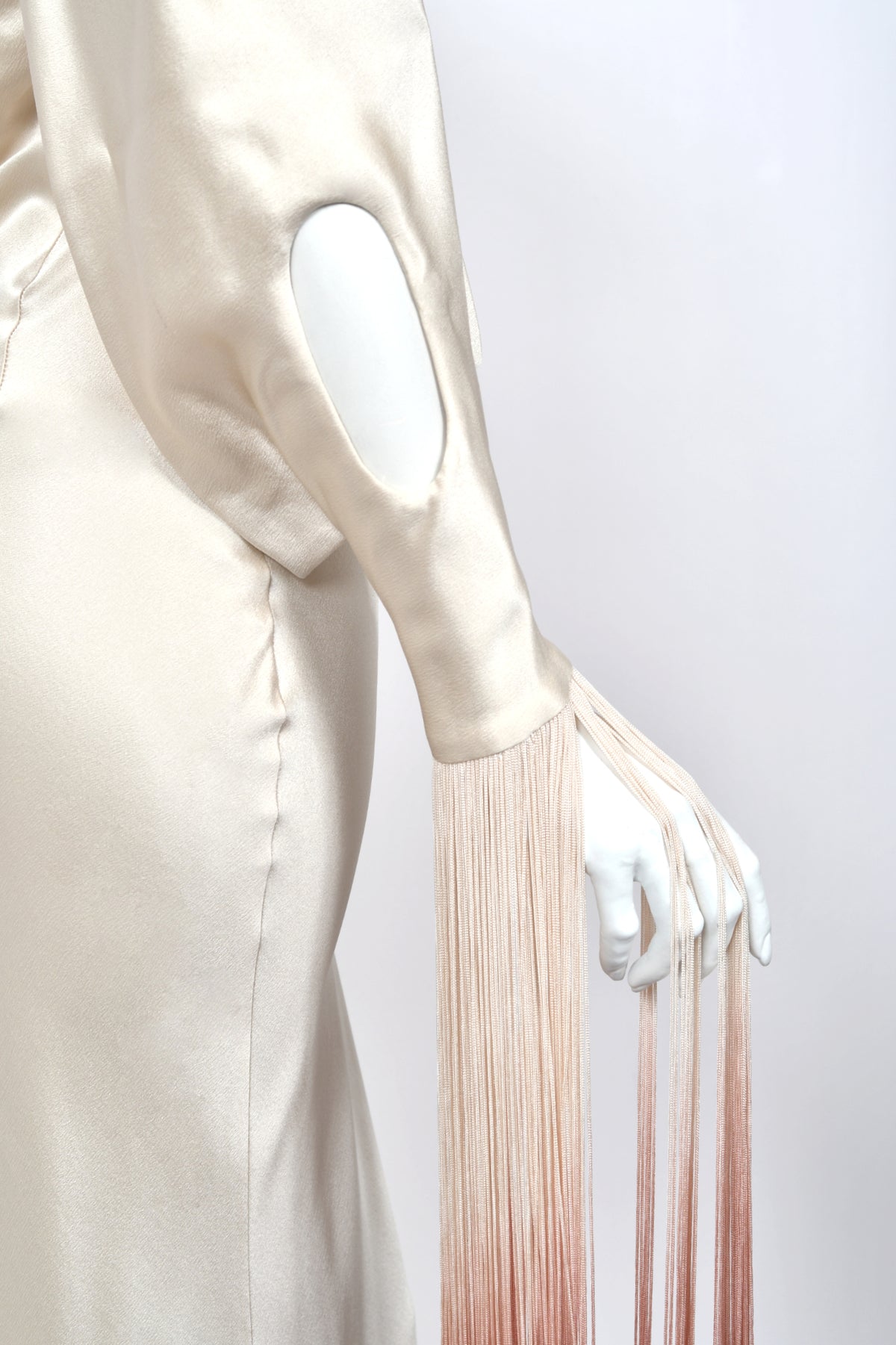 2009 Alexander McQueen Ivory Silk Draped Sleeve Ombré Fringe Bias-Cut Gown w/Tags