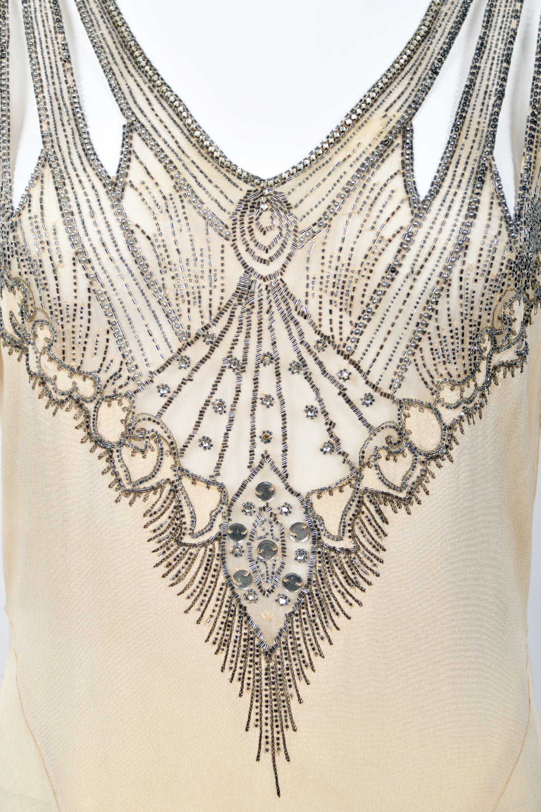 1930's French Ivory Creme Silk Beaded Sheer Illusion Deco Bias-Cut Bridal Gown