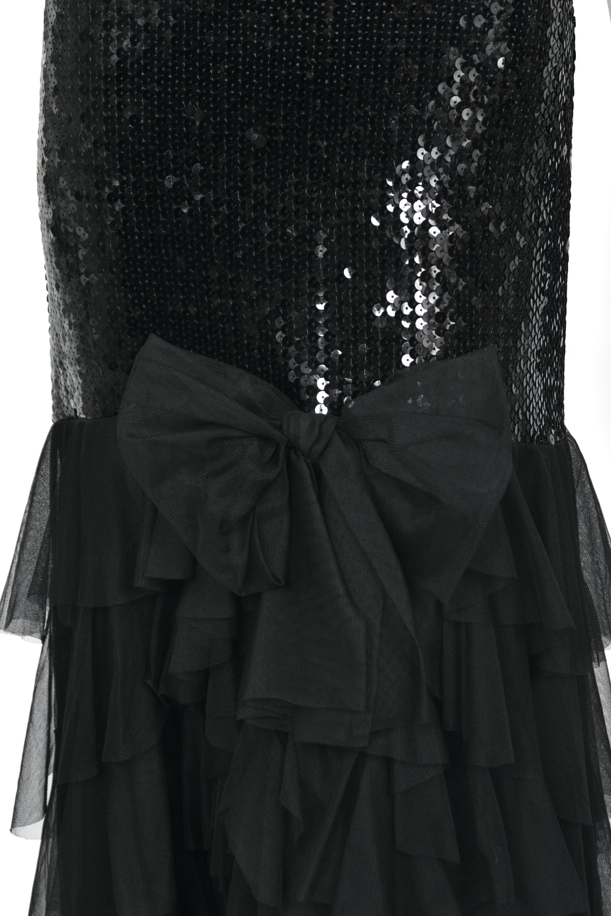 1978 Loris Azzaro Couture Black Sequin Strapless Tiered-Ruffle Gown & Sheer Capelet