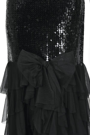 1978 Loris Azzaro Couture Black Sequin Strapless Tiered-Ruffle Gown & Sheer Capelet