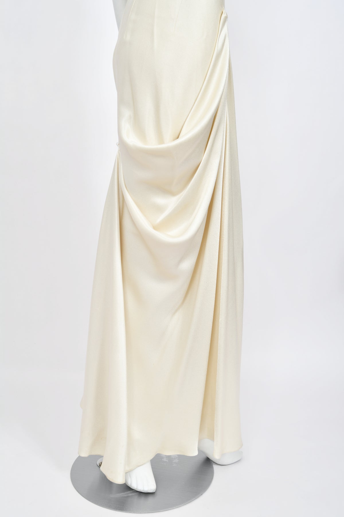 1999 John Galliano Ivory Satin Asymmetric Drape Hourglass Optional Trained Gown