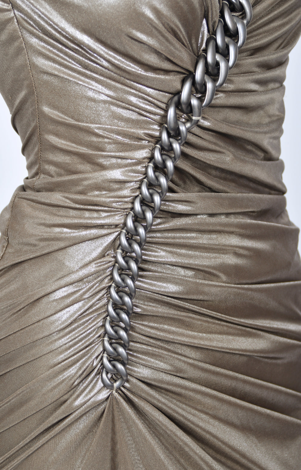 2007 Versace Smokey Metallic Stretch Silk Chain Straps Hourglass Gown