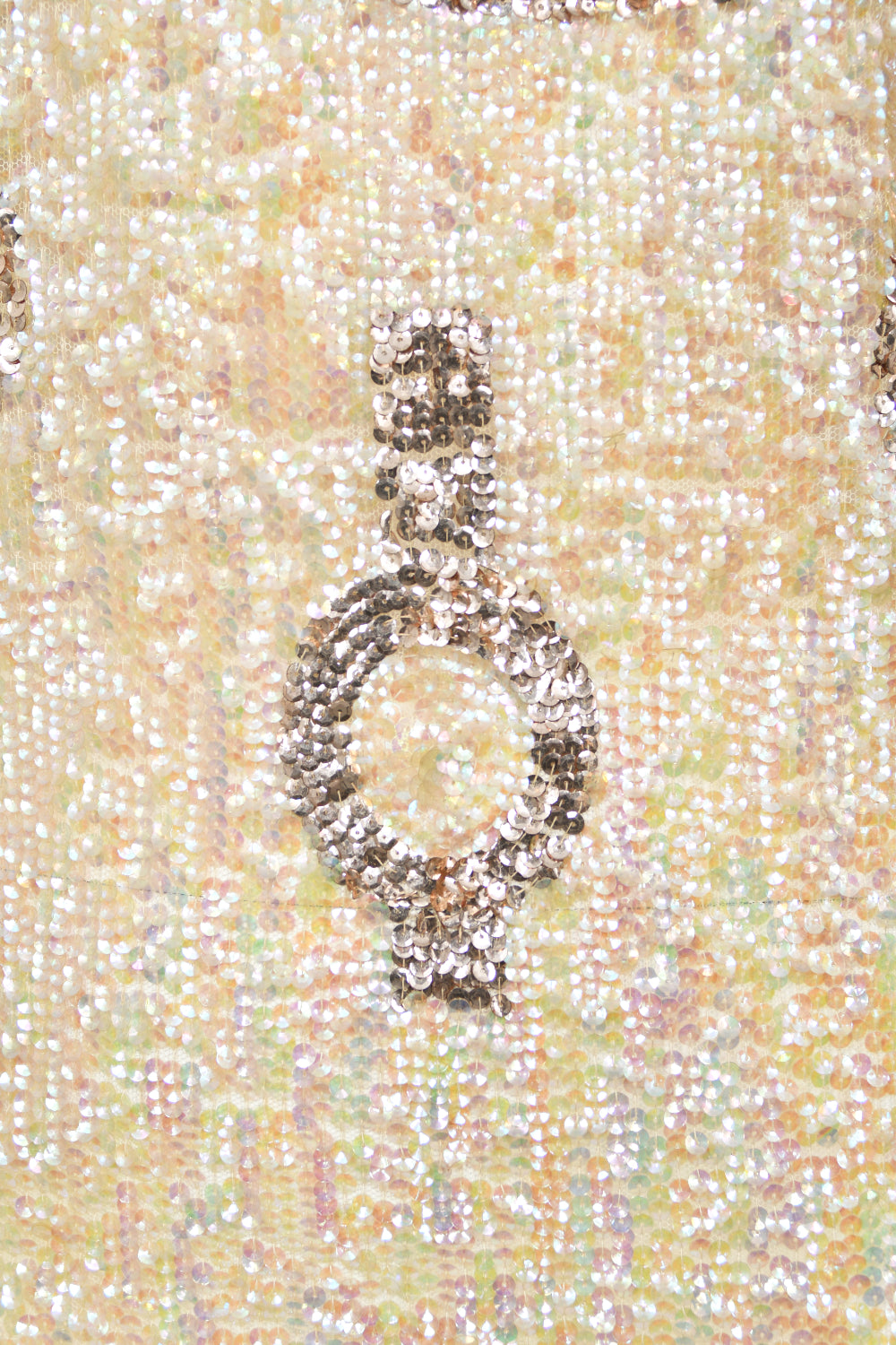 1920&#39;s Iridescent Ivory &amp; Gold Beaded Sequin Sheer-Net Tabard Flapper Dress