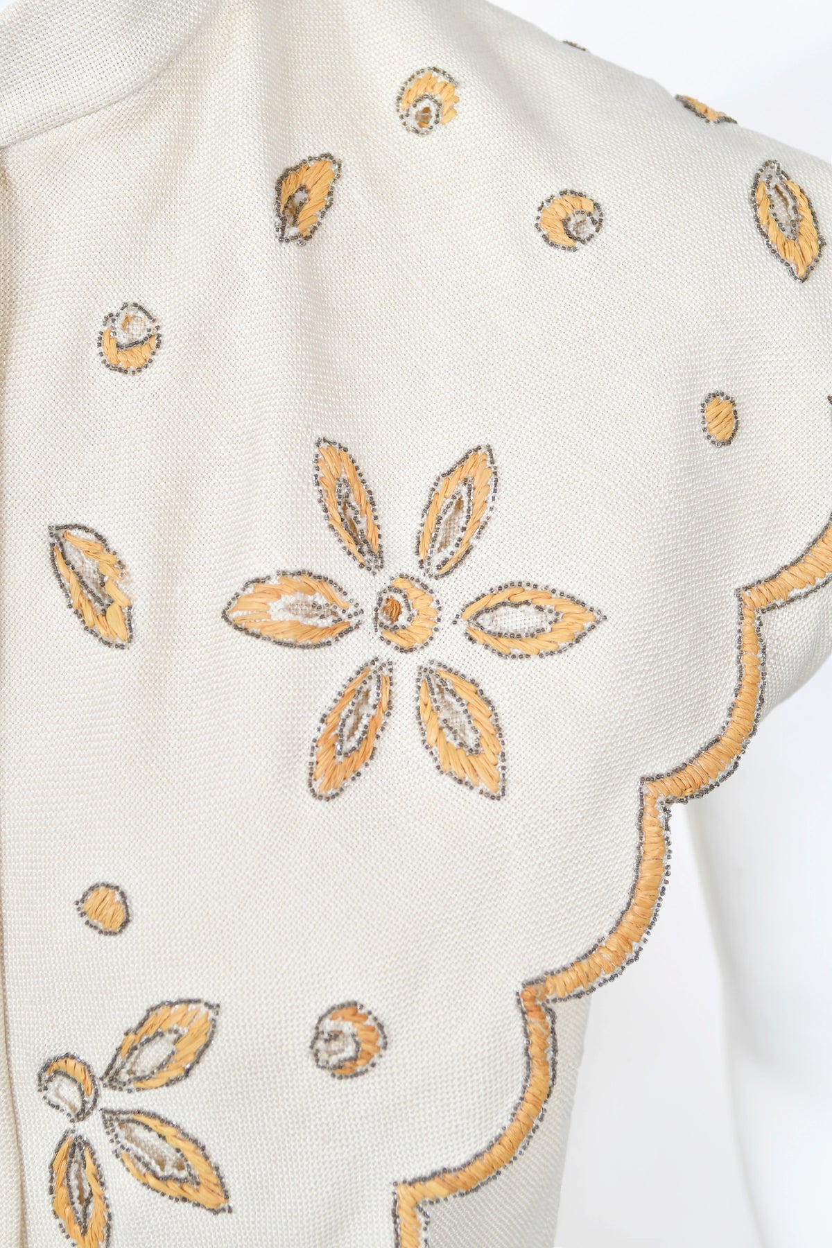 1949 Jacques Fath Attributed Haute Couture Embroidered Beaded Eyelet Cream Linen Gown