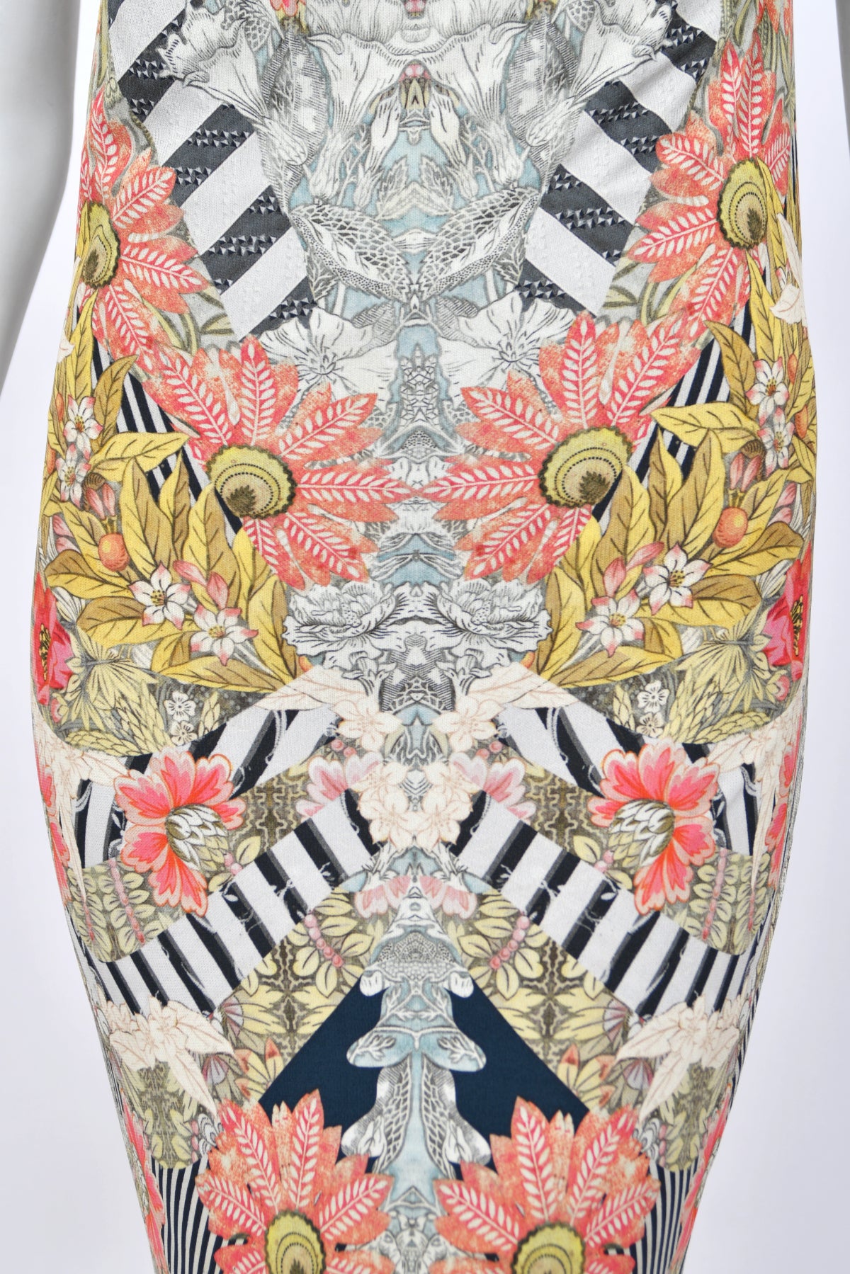 2011 Alexander McQueen 'Folklore Fin' Floral Stripe Print Draped Bias-Cut Gown w/ Shawl