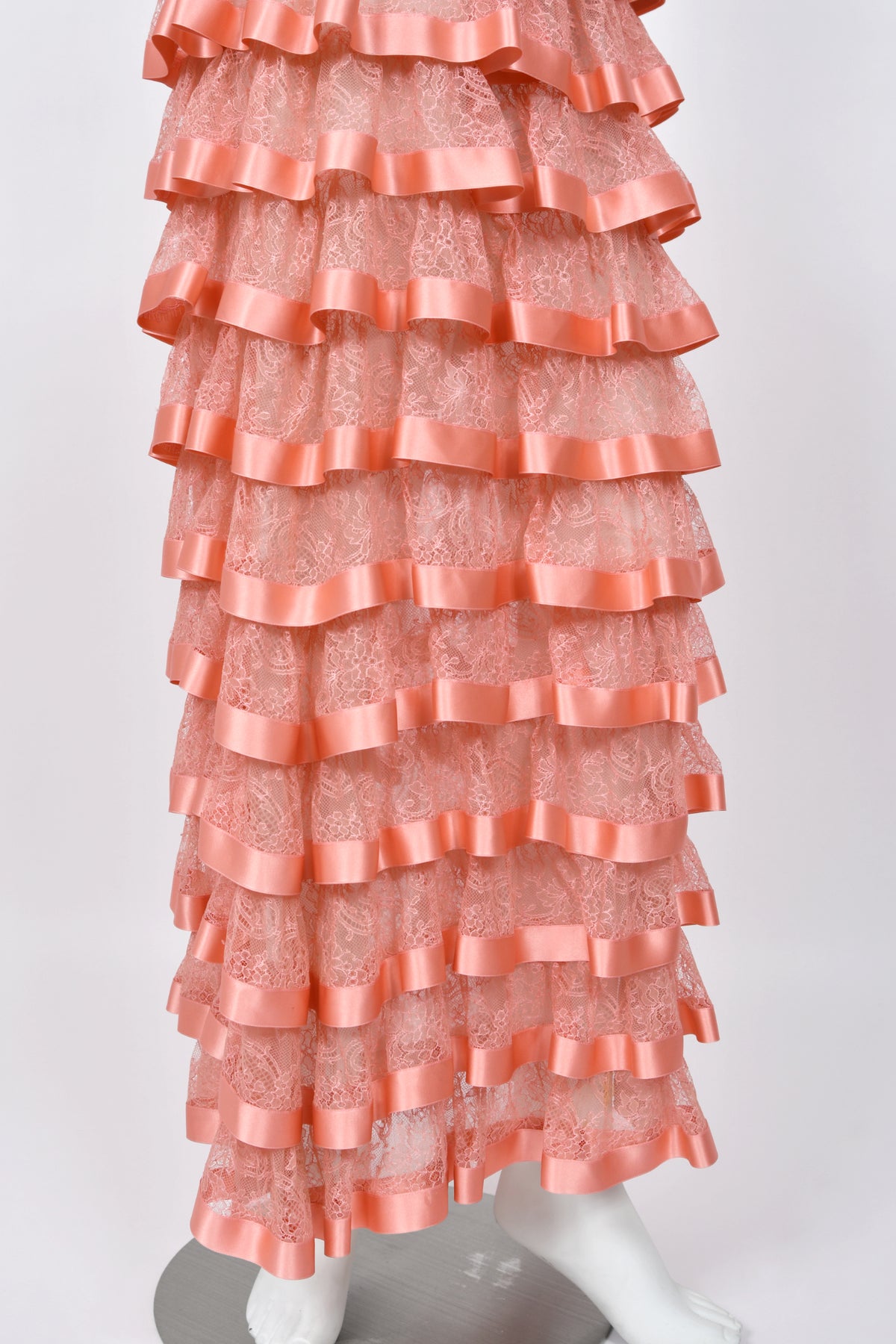 1993 Valentino Runway Blush Pink Silk &amp; Sheer Chantilly-Lace Tiered Ruffle Maxi Dress