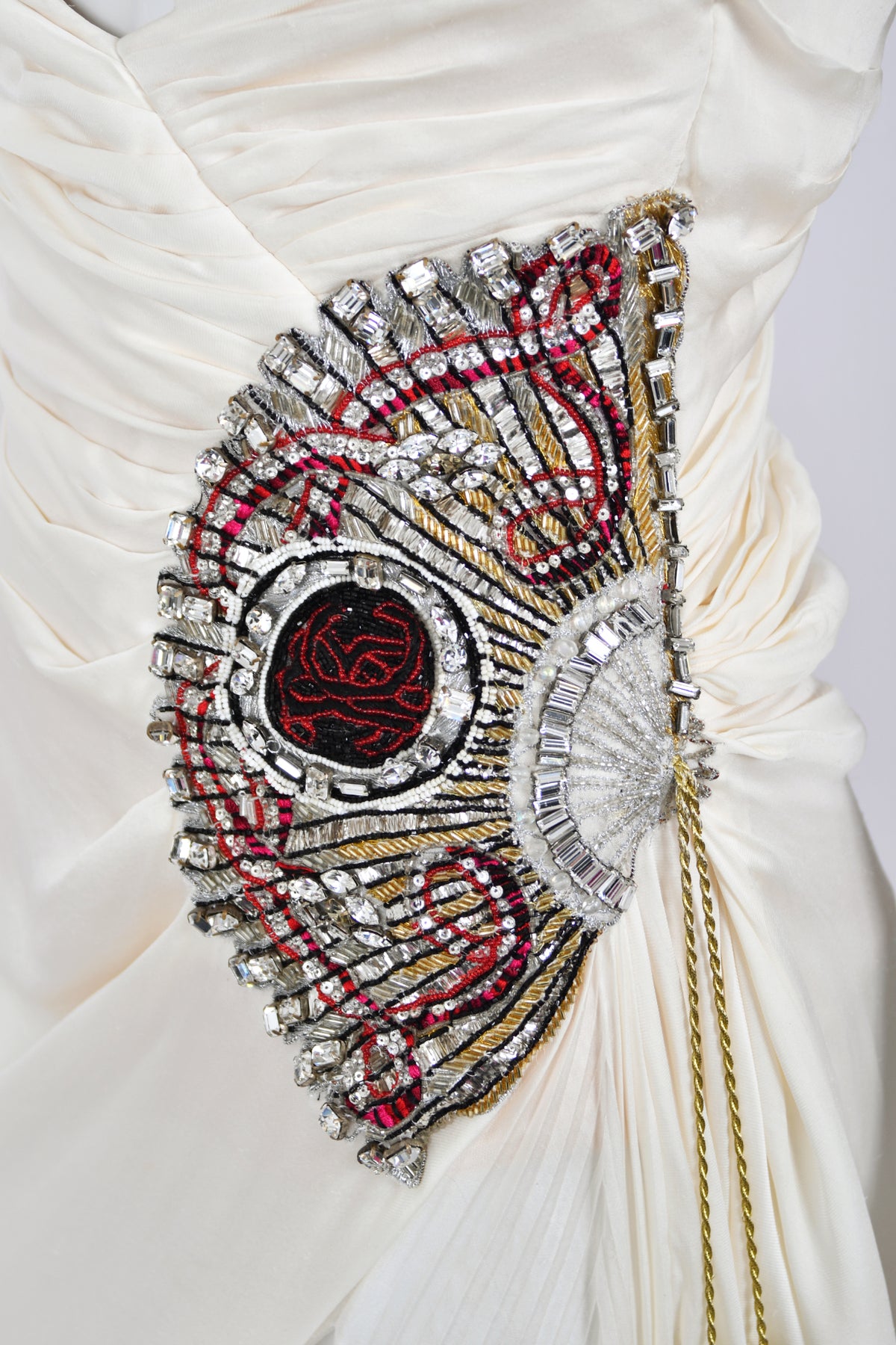 2006 Roberto Cavalli Embellished Ivory Silk Sculptural High-Slit Finale Gown