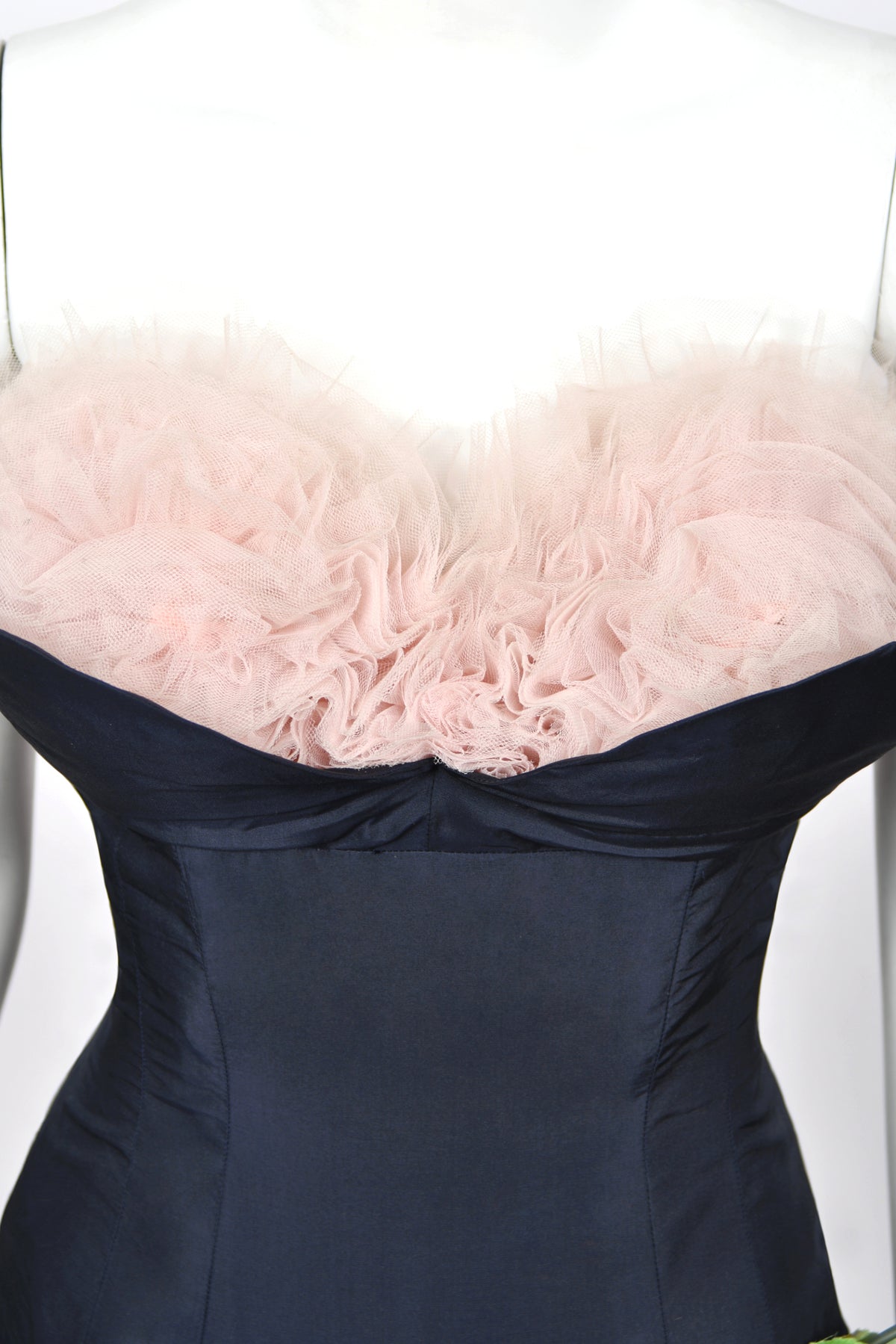1950's Don Miguel of California Navy Silk &amp; Blush Pink Tulle Ruffle Shelf-Bust Strapless Dress