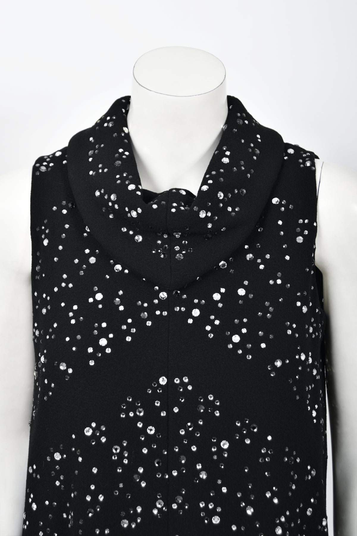 1960&#39;s Pauline Trigère Rhinestone Studded Black Wool Mod Trapeze Dress