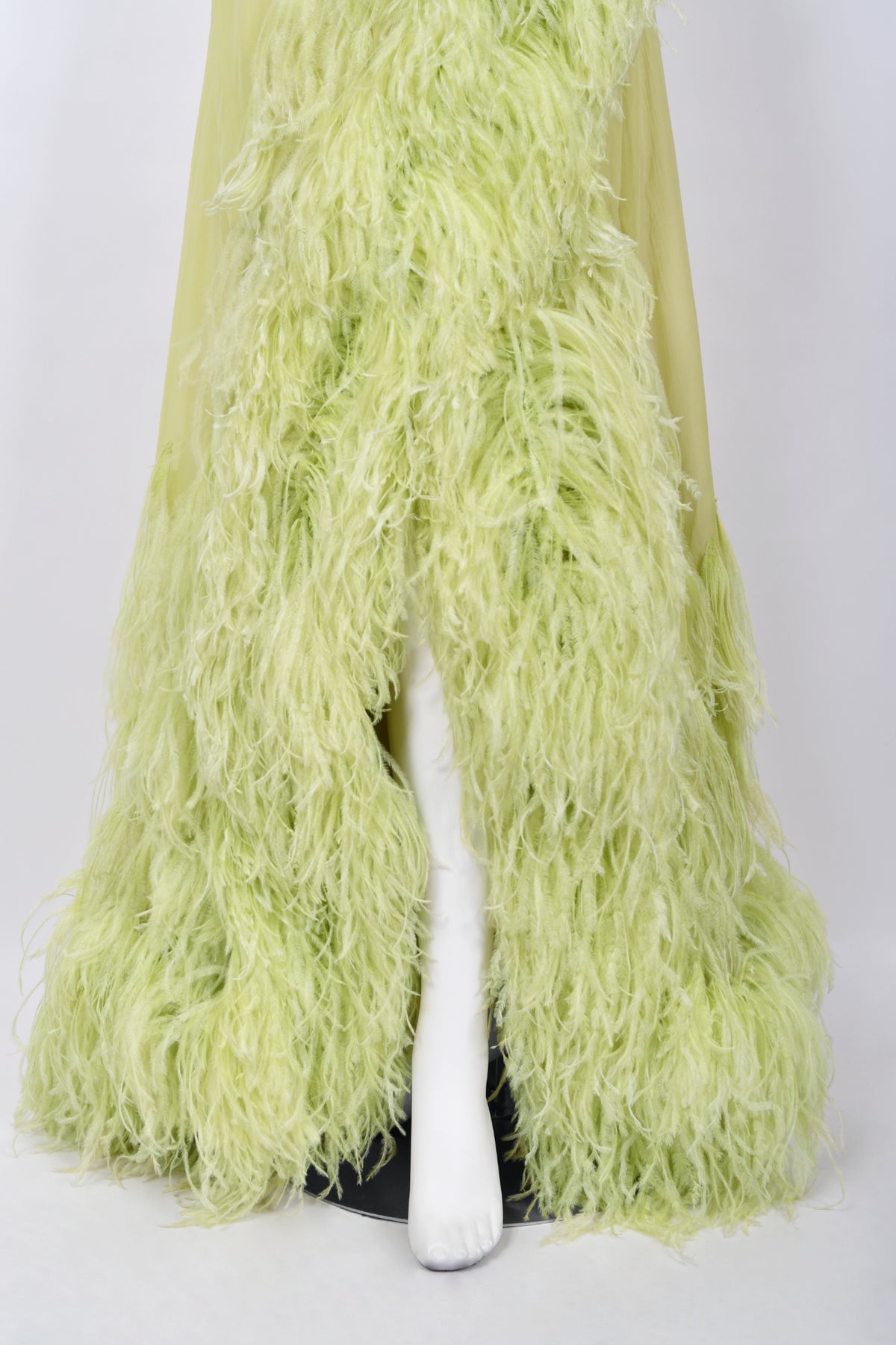 1968 Christian Dior Haute Couture Maria Felix Owned Chartreuse Silk Feather Gown