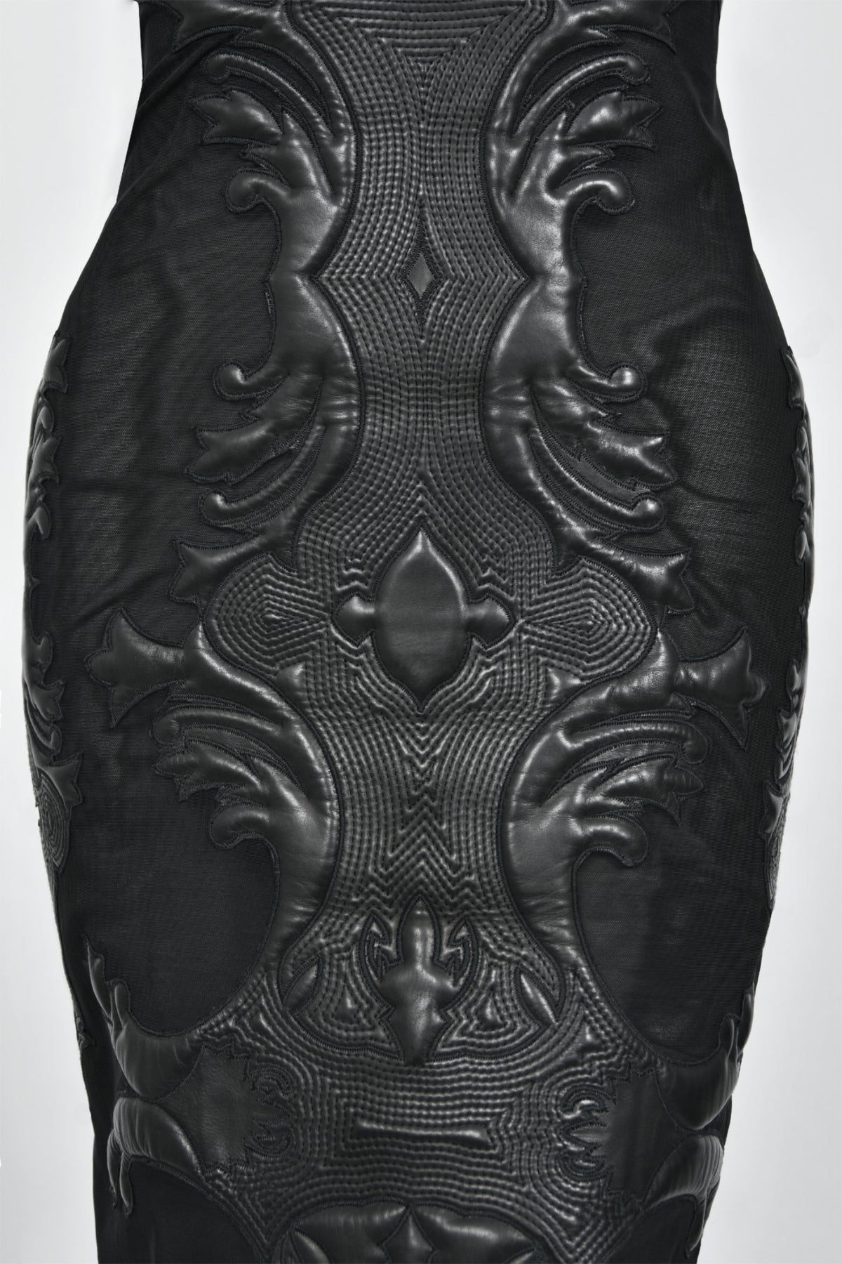 2002 Roberto Cavalli Black Leather Appliqué Sheer Mesh Low-Cut Hourglass Gown