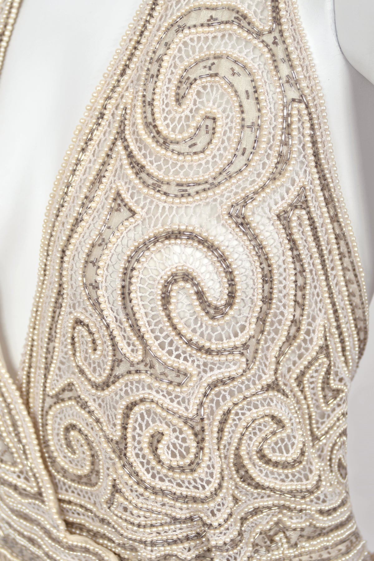 1982 Halston Runway Beaded Sheer Illusion Champagne Lace Backless Halter Wrap Gown