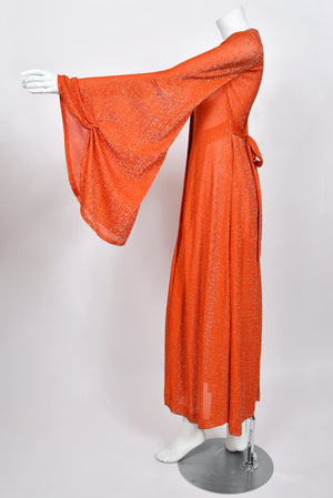 1974 Biba by Barbara Hulanicki Metallic Orange Lurex Angel-Sleeve High Slit Maxi Dress