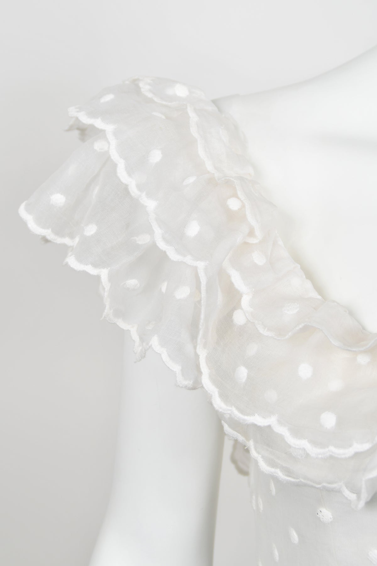1975 Chanel Haute Couture White Dotted Organza Off-Shoulder Tiered Ruffle Gown