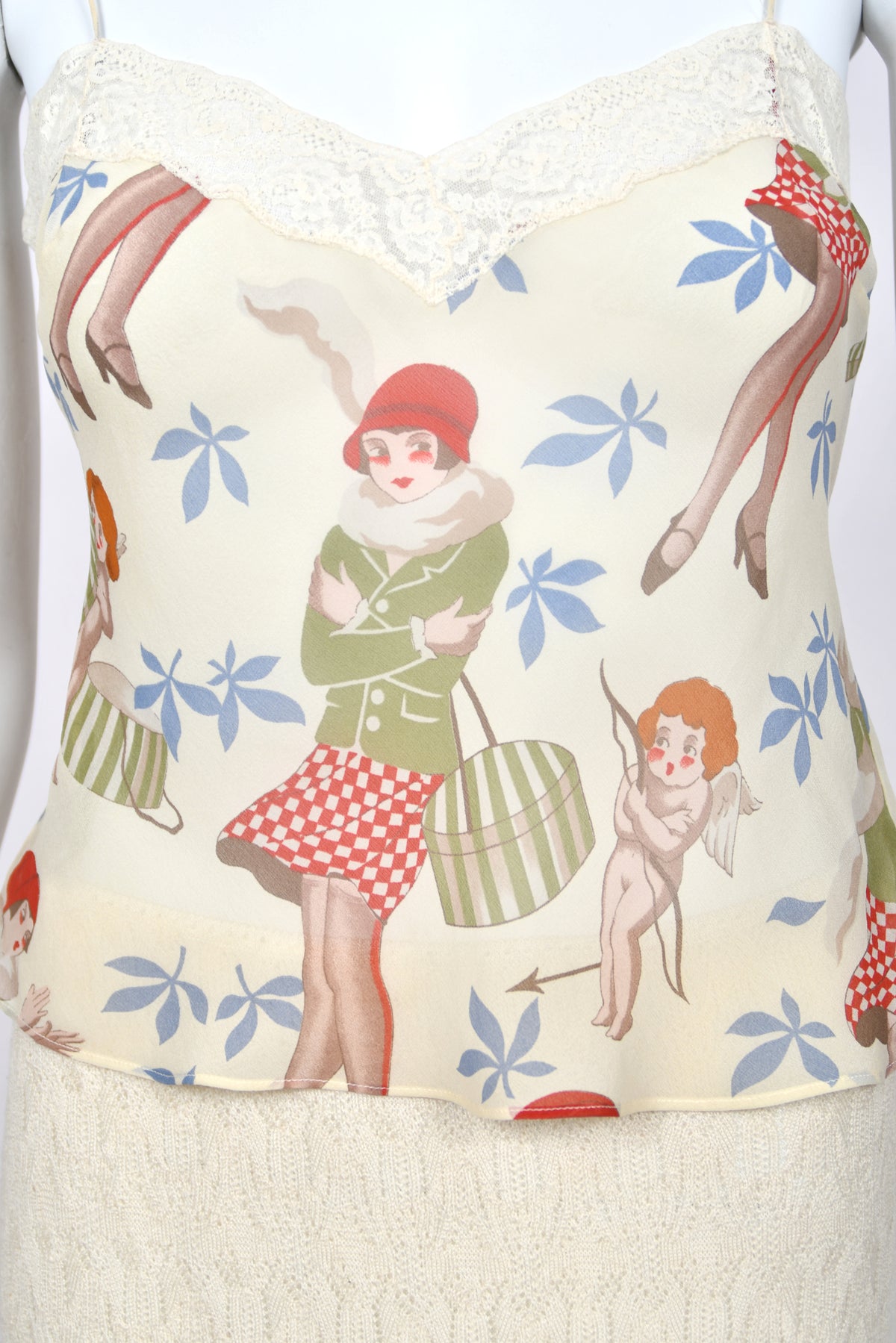 2004 John Galliano 'Cherubs & Flappers' Whimsical Print Silk Camisole & Cashmere Knit Bias-Cut Skirt Set