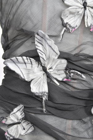 1998 Dolce & Gabbana 'Stromboli Collection' Hand-Painted Butterflies Grey Sheer Silk Corset Gown