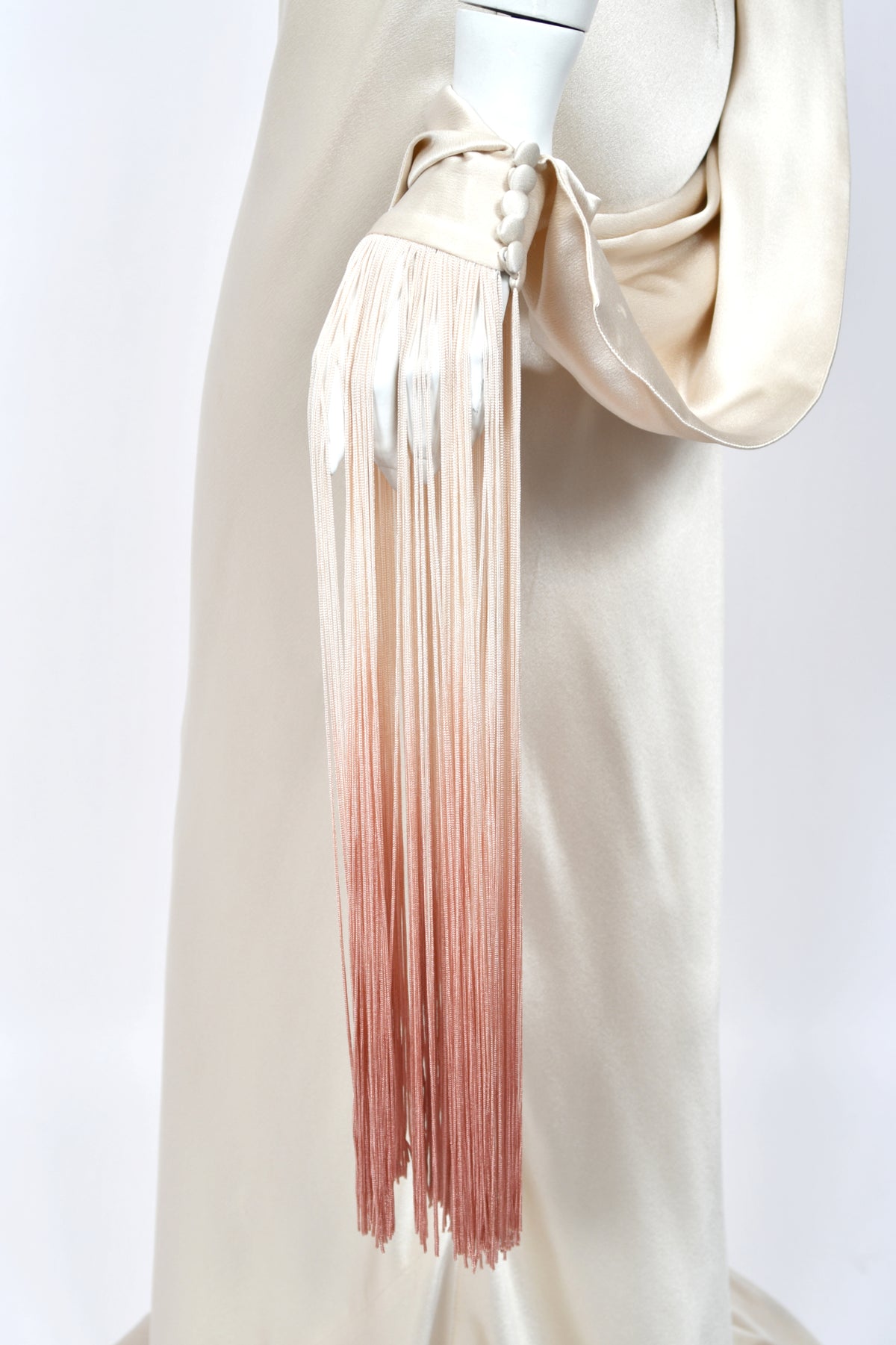 2009 Alexander McQueen Ivory Silk Draped Sleeve Ombré Fringe Bias-Cut Gown w/Tags