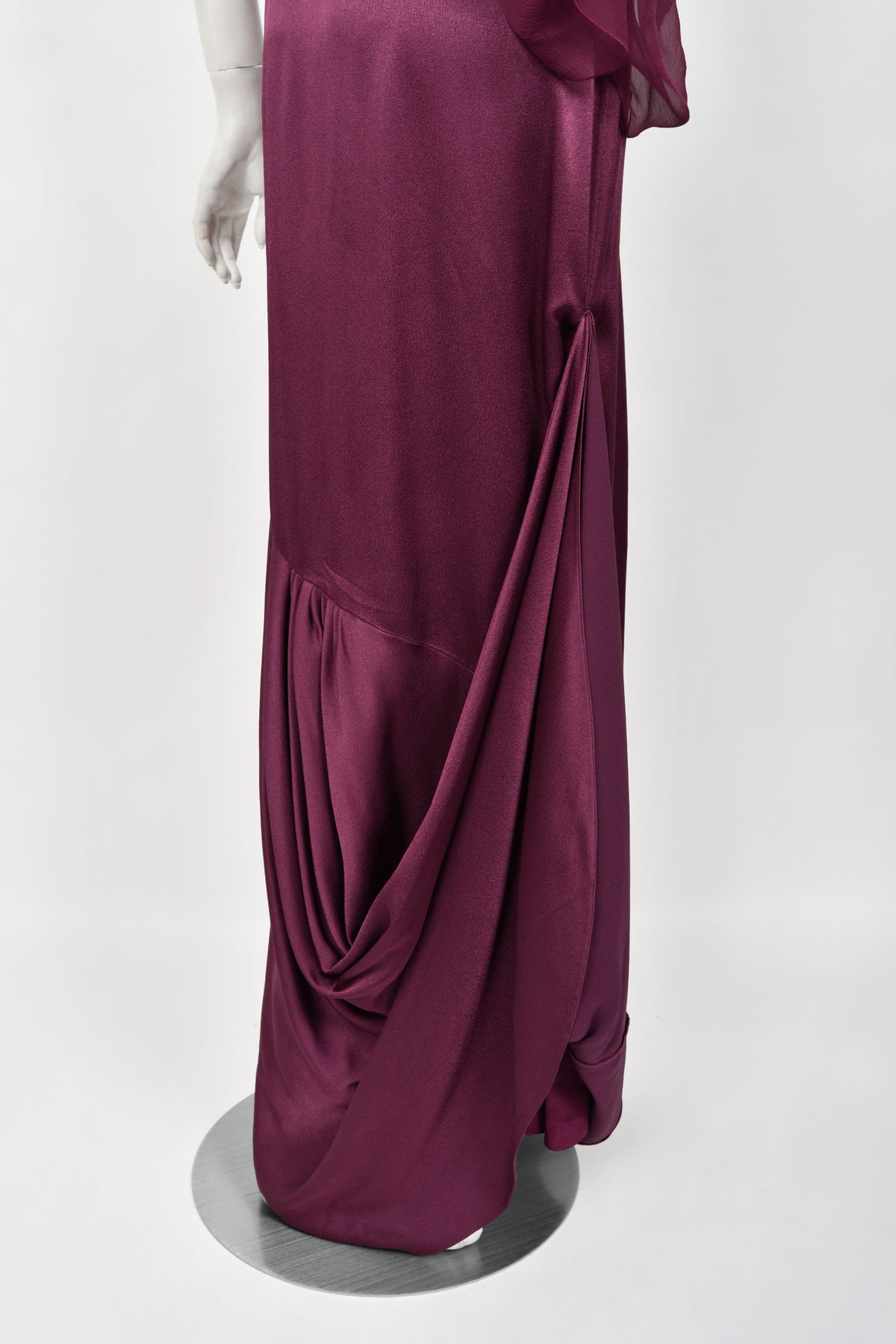 2000 Christian Dior by John Galliano Purple Silk Sheer-Sleeve Asymmetric Draped Gown
