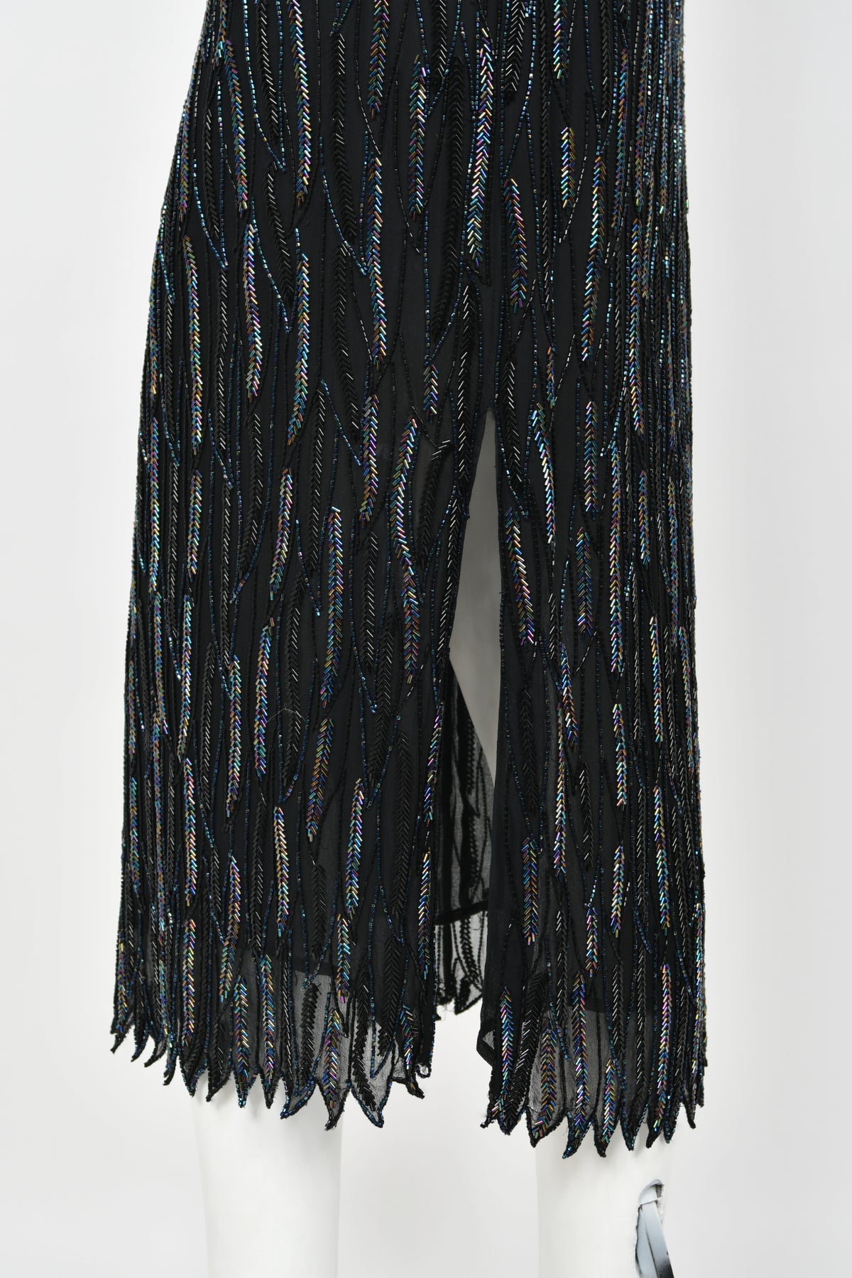 1970&#39;s Halston Couture Iridescent Beaded Black Silk One-Shoulder Dress