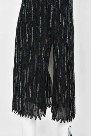 1970's Halston Couture Iridescent Beaded Black Silk One-Shoulder Dress
