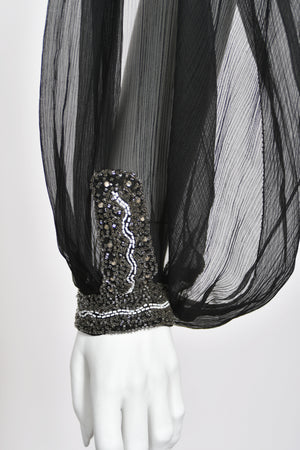 1930's Beaded Rhinestone Black Sheer Silk Chiffon Billow-Sleeve Deco Dress