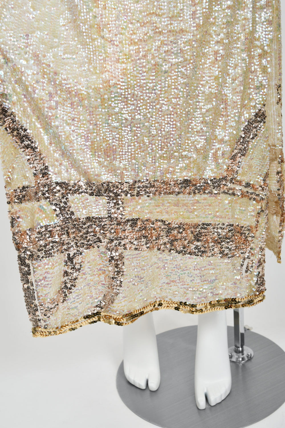 1920&#39;s Iridescent Ivory &amp; Gold Beaded Sequin Sheer-Net Tabard Flapper Dress