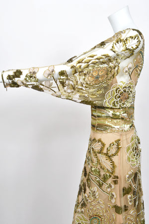 2003 Valentino Runway Heavily Embellished Jeweled Low Cut Nude-Illusion Sheer Net Dress