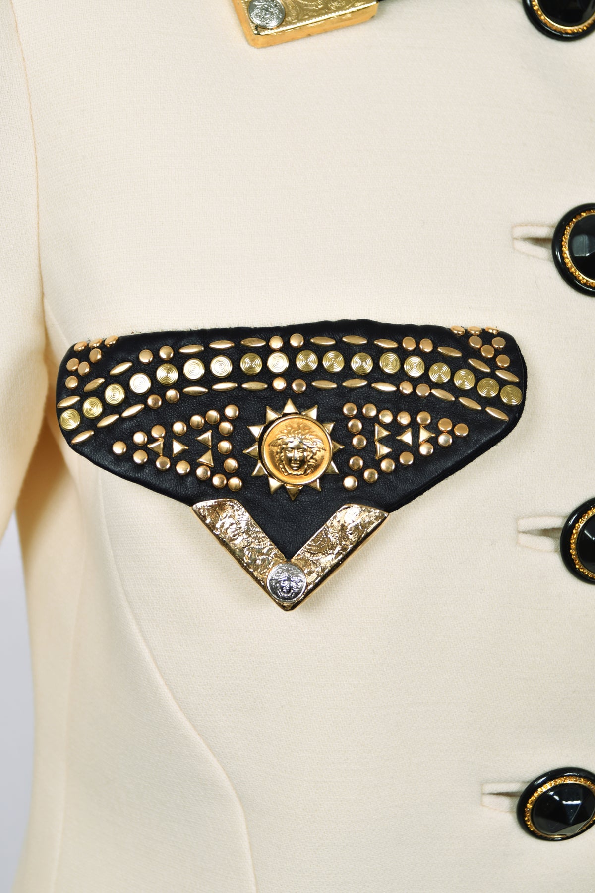 1992 Gianni Versace 'Miss S & M' Runway Collection Ivory Wool Studded Leather Editorial Jacket