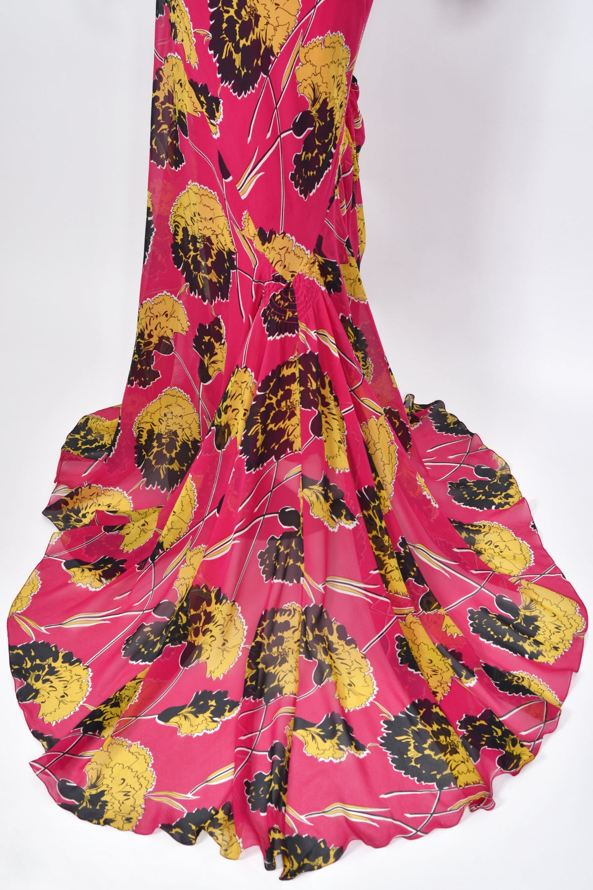 2005 John Galliano 'Renee Collection' Shocking Pink Large Scale Floral Silk Bias-Cut Trained Gown