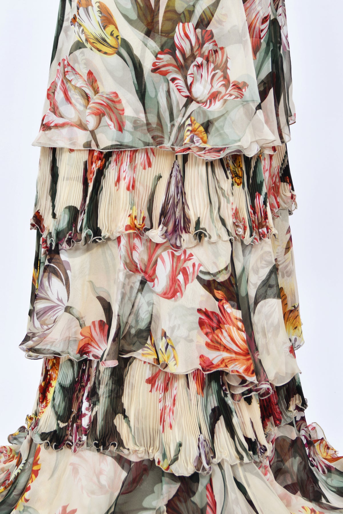 2005 Valentino Cruise Collection Colorful Floral Silk Low-Cut Halter Tiered Gown