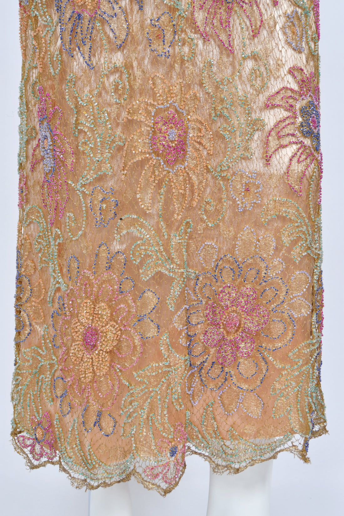 1920&#39;s French Couture Colorful Beaded Metallic Lamè Lace &amp; Pink Silk Dress