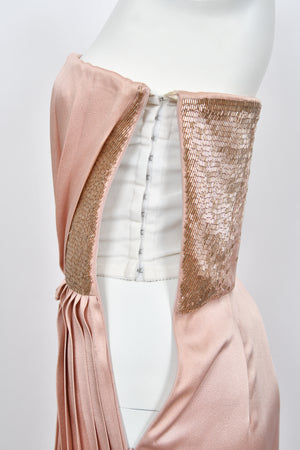 2012 John Galliano Blush Pink Silk Beaded Bustier Strapless Pleated-Side Gown