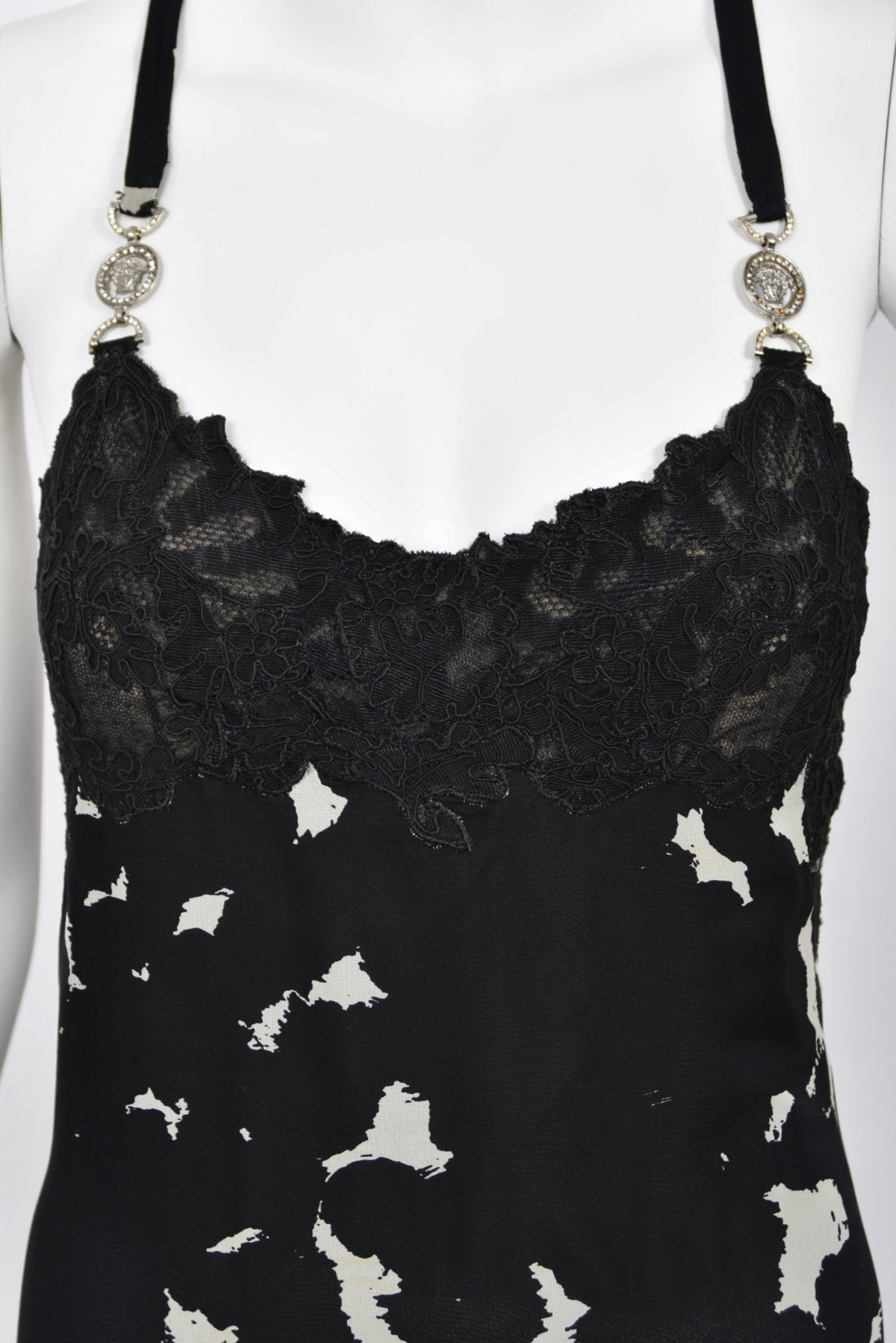 1996 Gianni Versace Couture Documented Black White Silk Lace-Bust Lingerie Gown