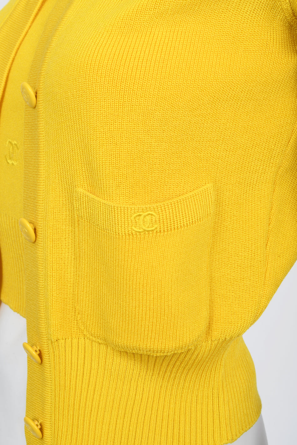 1996 Chanel by Karl Lagerfeld Runway Yellow Knit Cropped Sweater Set