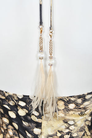 2004 Roberto Cavalli Feather Print Silk Halter Cut-Out Tiered Ruffle Bias-Cut Gown