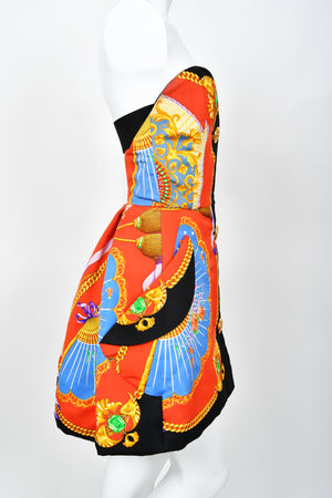 1991 Gianni Versace Documented Runway Baroque Print Silk Strapless Mini Dress